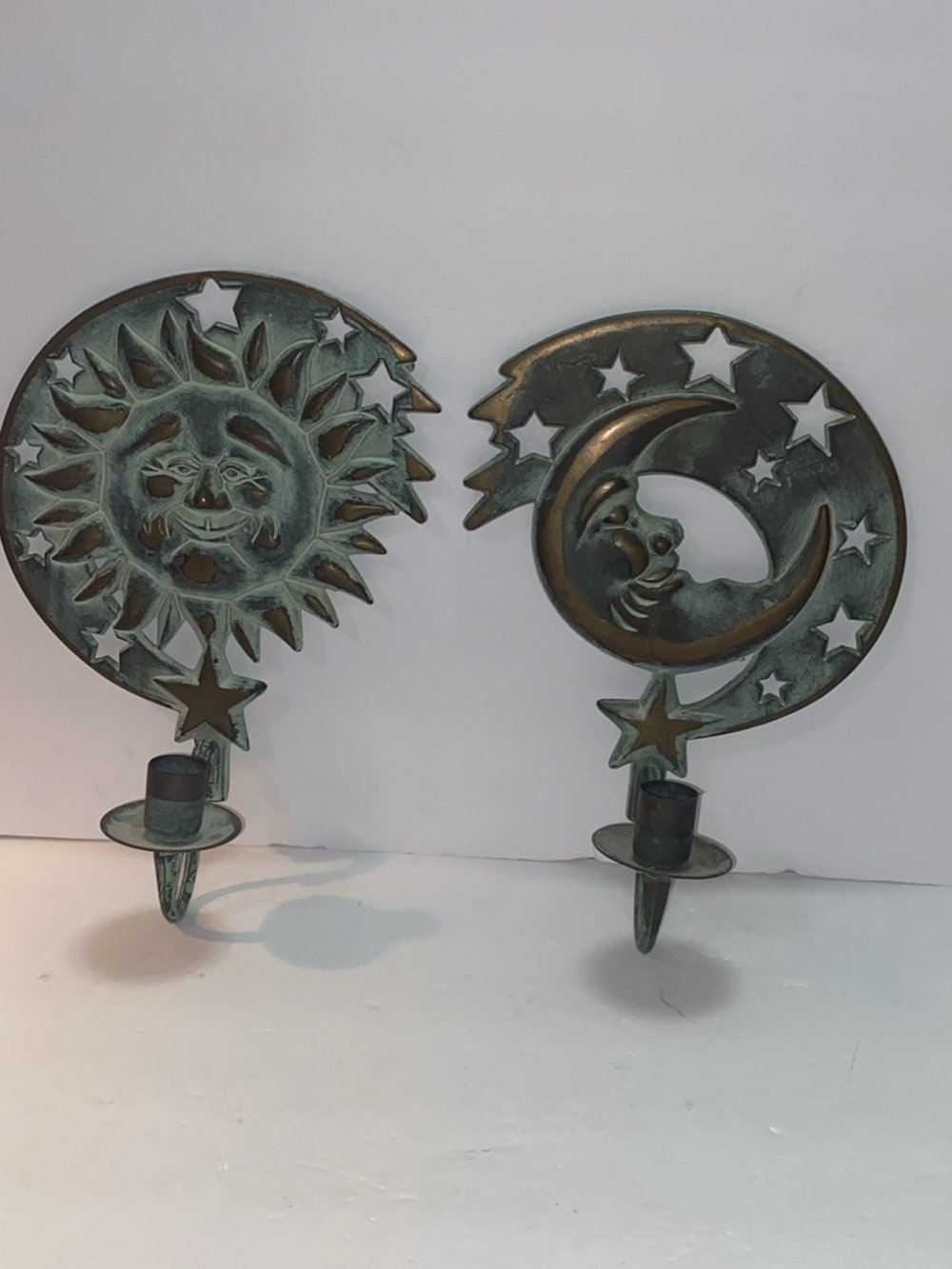 🌞Vintage PartyLite Sun Moon Stars Wall Sconce Candle Holders Pair 1994 Metal 🌜